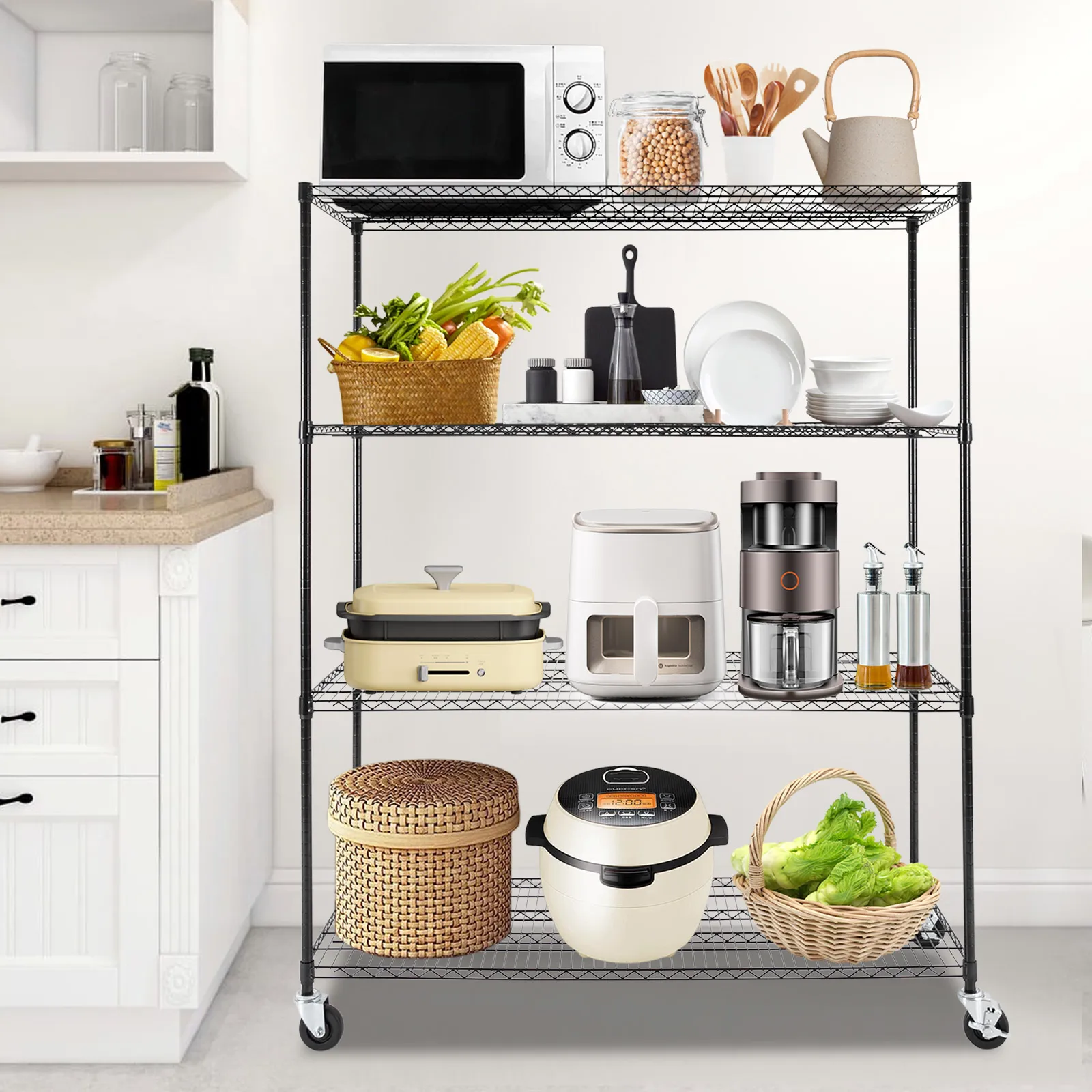 

Adjustable Wire Shelving, 4-Tier, Carbon Steel, Adjustable Tier Spacing, Mobile for Organized Storage