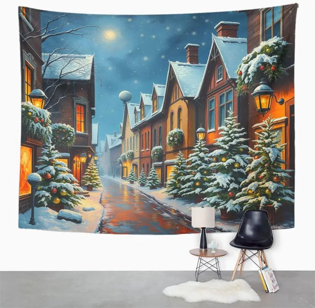 Christmas Scenery Tapestry Wall Hanging New Year Oil Paints Old Street Lightweight Fabric Ethnic Decor for Bedroom Living Room