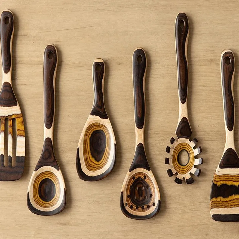 Retro Moroccan Style Gradient Color Wooden Cooking Utensils Kitchen Stir Fry Wooden Spoons for Cooking Kitchen Utensils