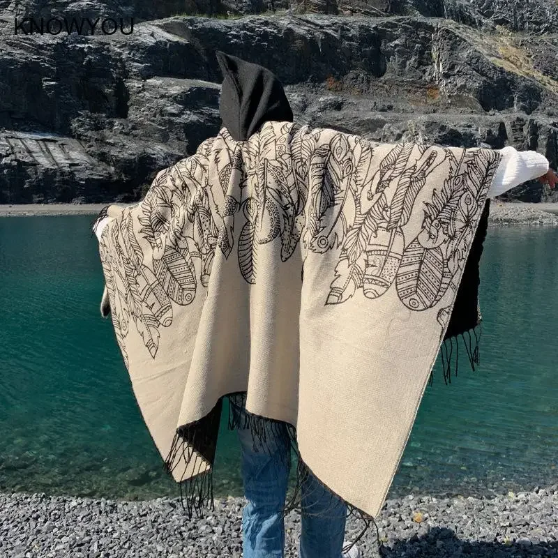 

Vintage Tassel Cape Coat Fringe Poncho Men Coat Bohemian Shawl Scarf Warm Cashmere Blend Pashmina Print Capes Bigsize Shawl 2025