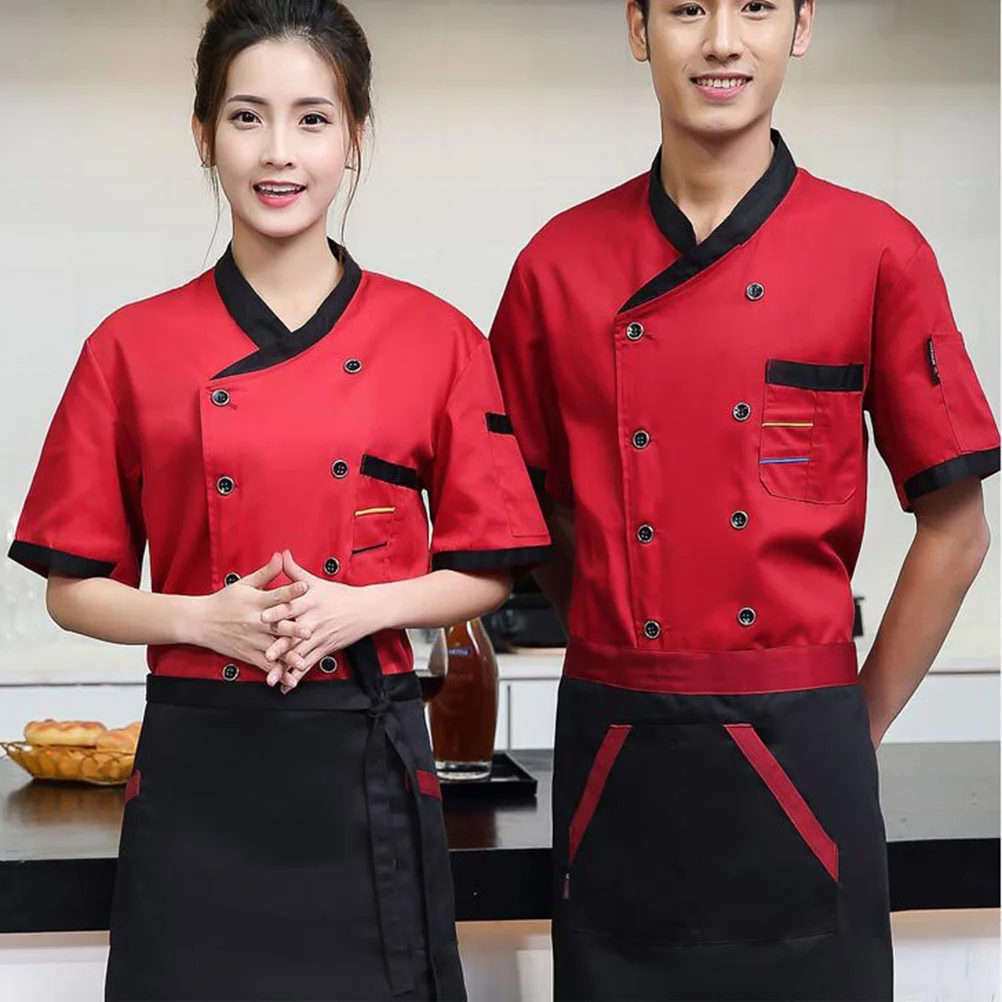 Unisex koksjas met korte mouwen L Wijnrood Premium materiaal Ademend Oliebestendig Gemakkelijk te wassen Praktische keukenbenodigdheden