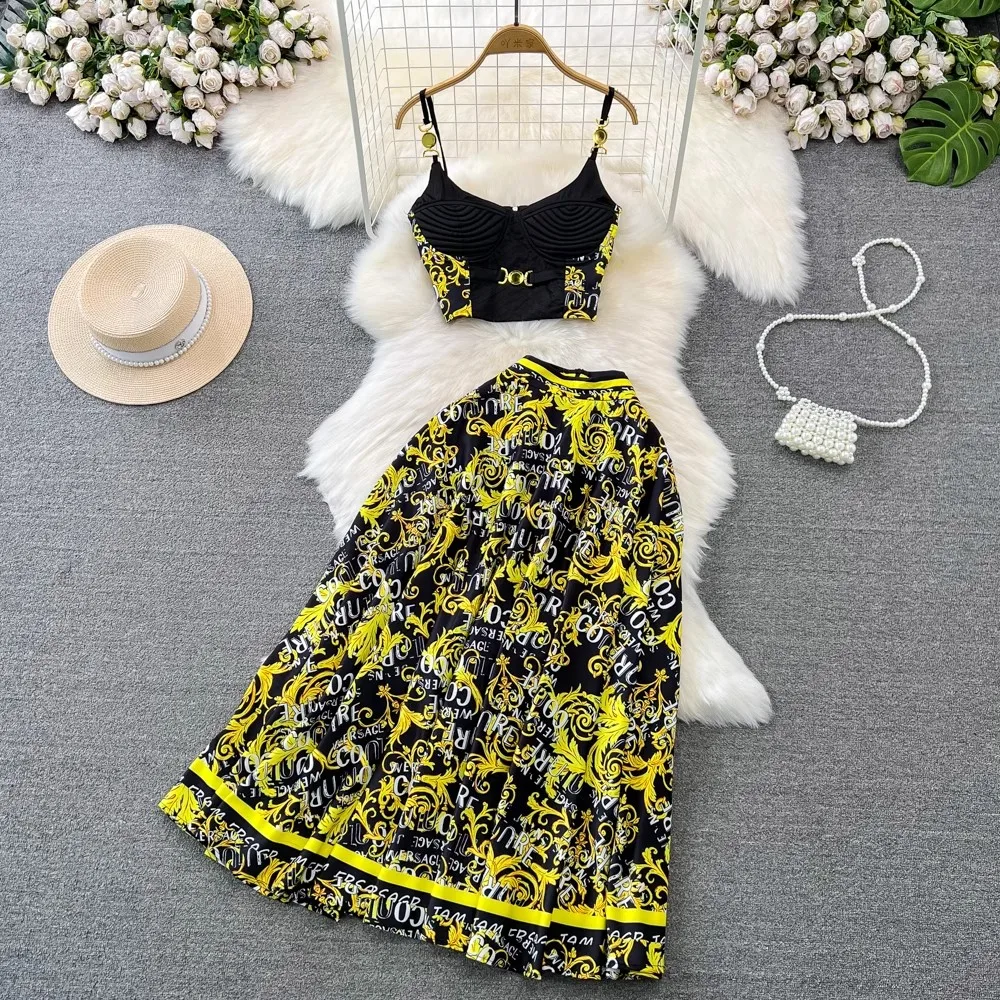 

Runway Floral Two-piece Set For Women Summer Sexy Crop Tops Print A Line Maxi Long Skirts Suits Beach Outfits