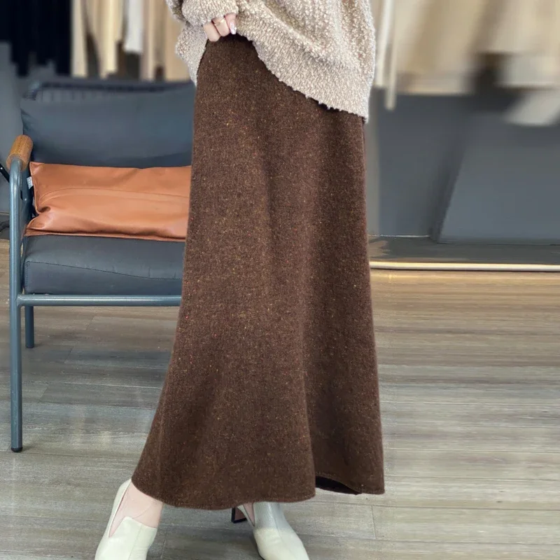 2024 outono/inverno nova casual lã pura malha meia saia para mulher, cintura alta, cor ponto solto médio a longo saia linha a