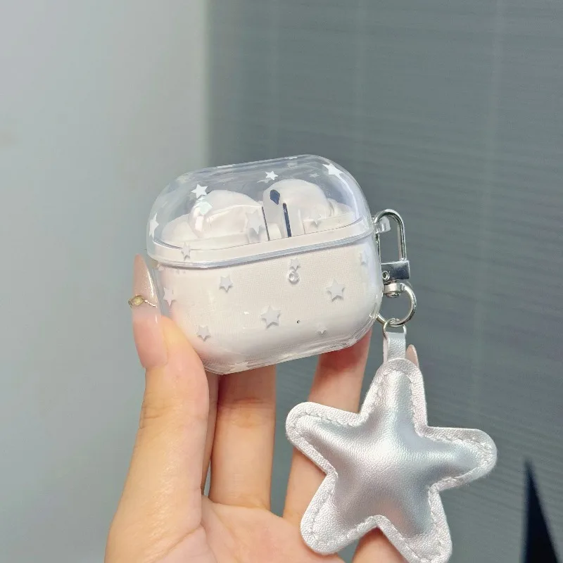 

for Samsung Galaxy Buds 4 Pro 3 FE 2 Pro Live Core Case IMD Ins Clear Protective Earphone Cover With Silver Stars Pendant Funda