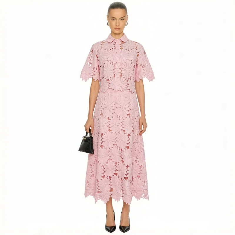 

Australia Z Brand 2026 New Hollow Flower Lace Shirt Top And Half Length Skirt Solid Color Temperament Set