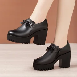 8cm 10cm Small Size 32-43 Deep Mouth Black Genuine Leather Shoes Women Platform Pumps 2024 Fall Block High Heels Shoes with Fur