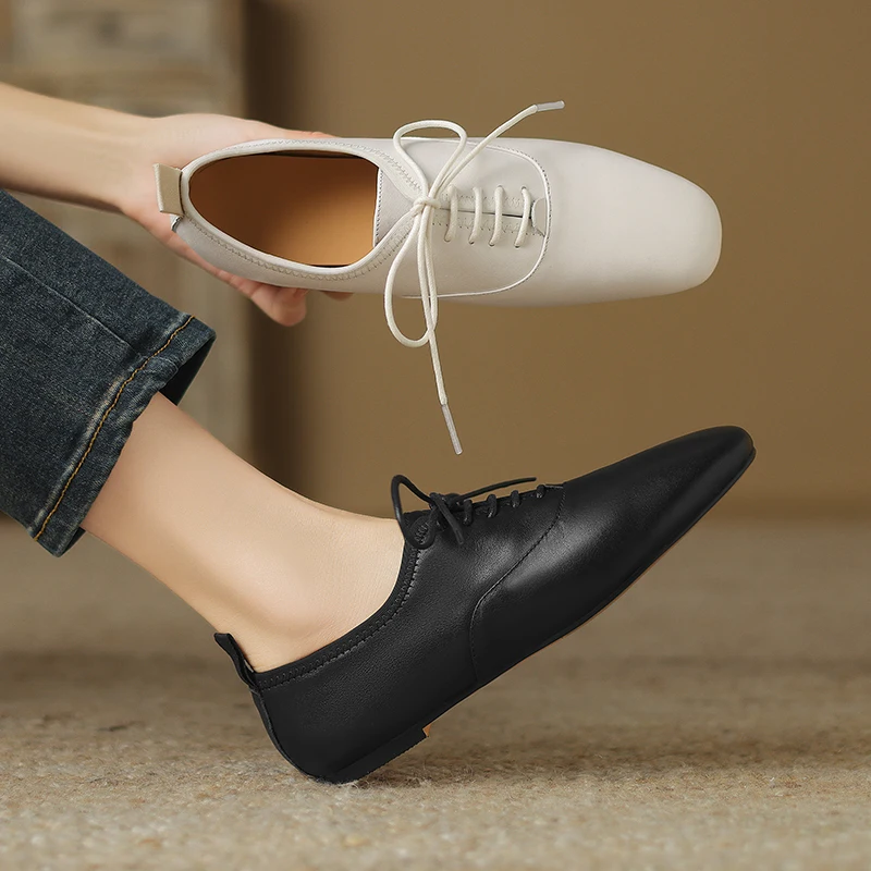 2026spring autumn women pumps natural leather plus size 22-29cm cowhide+pigskin square toe lace-up loafers low heel women shoes