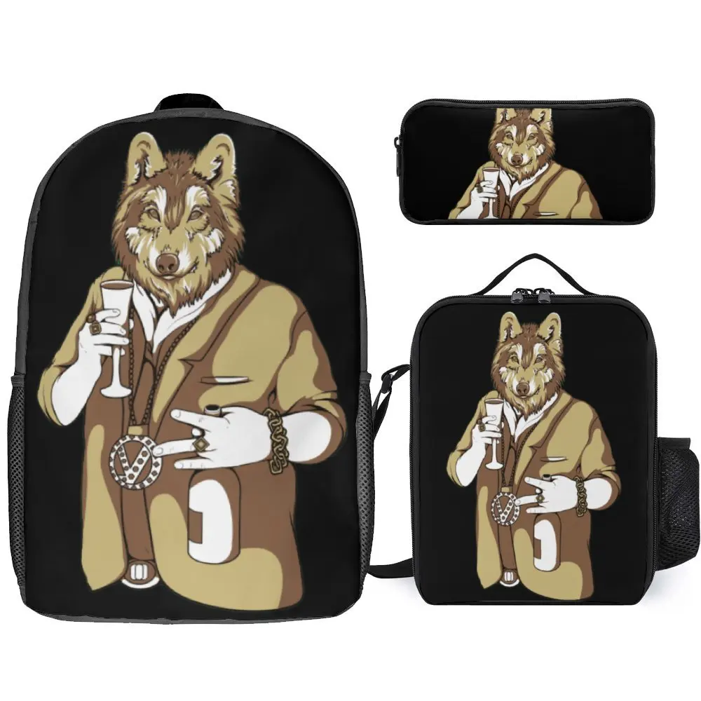 Russian Gangster Wolf Nu Pogodi 7 Secure Cosy Toothpaste 3 in 1 Set 17 Inch Backpack Lunch Bag Pen Bag  Schools Casual Graphic