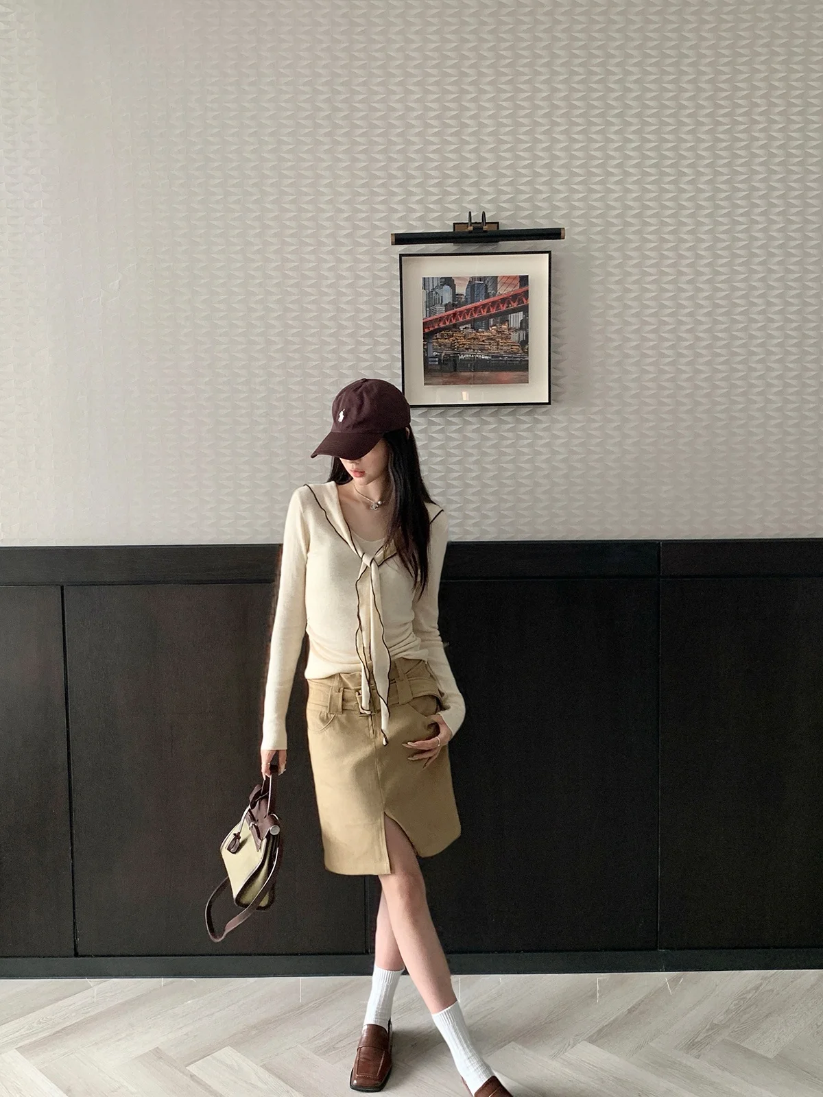 

Женский вязаный свитер Yang Bubble Apricot: приталенный, базовый, модный, универсальный, в корейском стиле, для весны и осени, для повседневной носки