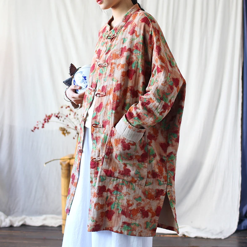 Chinesischen Stil Frauen Casual Lange Jacken Neue Ankunft 2025, Frühling Vintage Stil Blumen Druck Lose Weibliche Baumwolle Jacken M1103