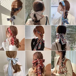 Fashion Printing Silk Hair Scarf for Women Ins Long Ribbon Bow Ponytail Hair Tie Headband Hair Accessories