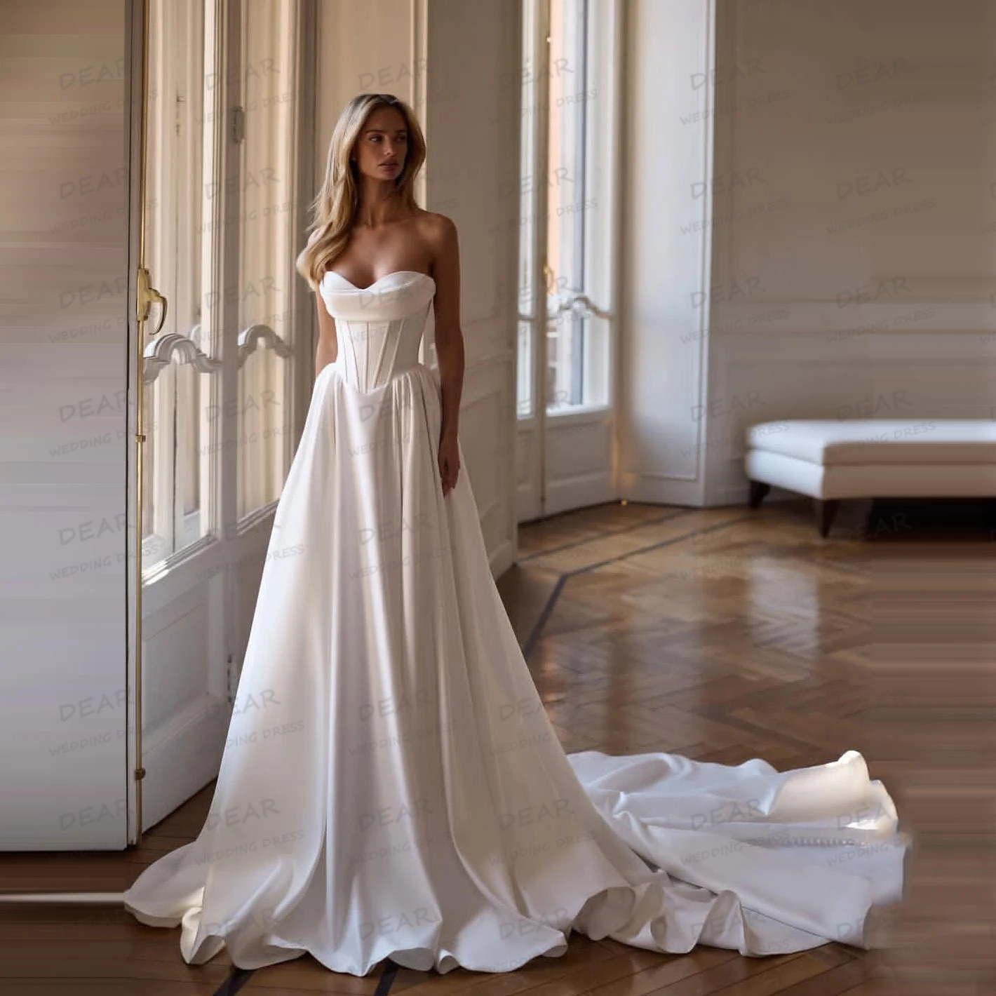 

Simple Wedding Dresses A Line Women's Sweetheart Satin Sleeveless Bride Gowns Formal Boat Neck 2025 Vestidos De Novia Customized