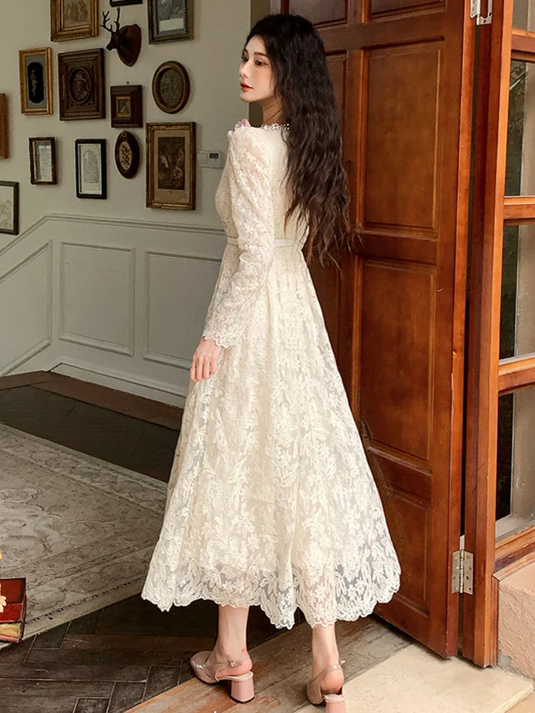Francês vintage outono bordado flor oco para fora midi vestido elegante feminino luxo miçangas o pescoço magro a linha vestido de festa robe