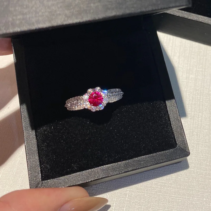 Korean-style minimalist red corundum gemstone and full-diamond open-ended ring for ladies. Fashionable, elegant and exquisite je