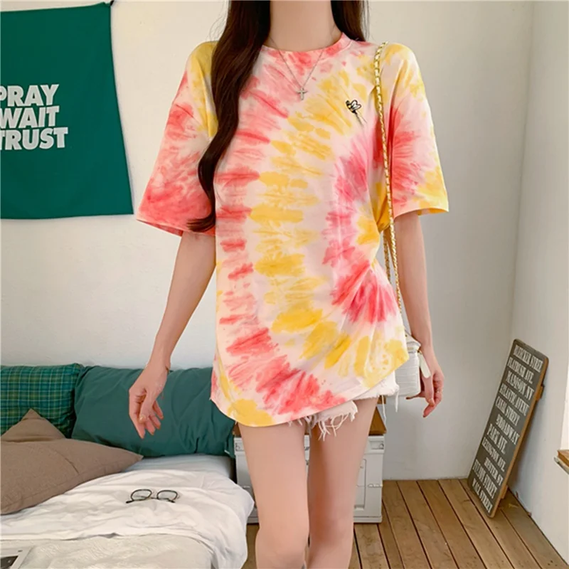 

Pink adient ort Sve Women's T-irt Loose Fit American Dyed Design Spring Faion Casual round Ne Top