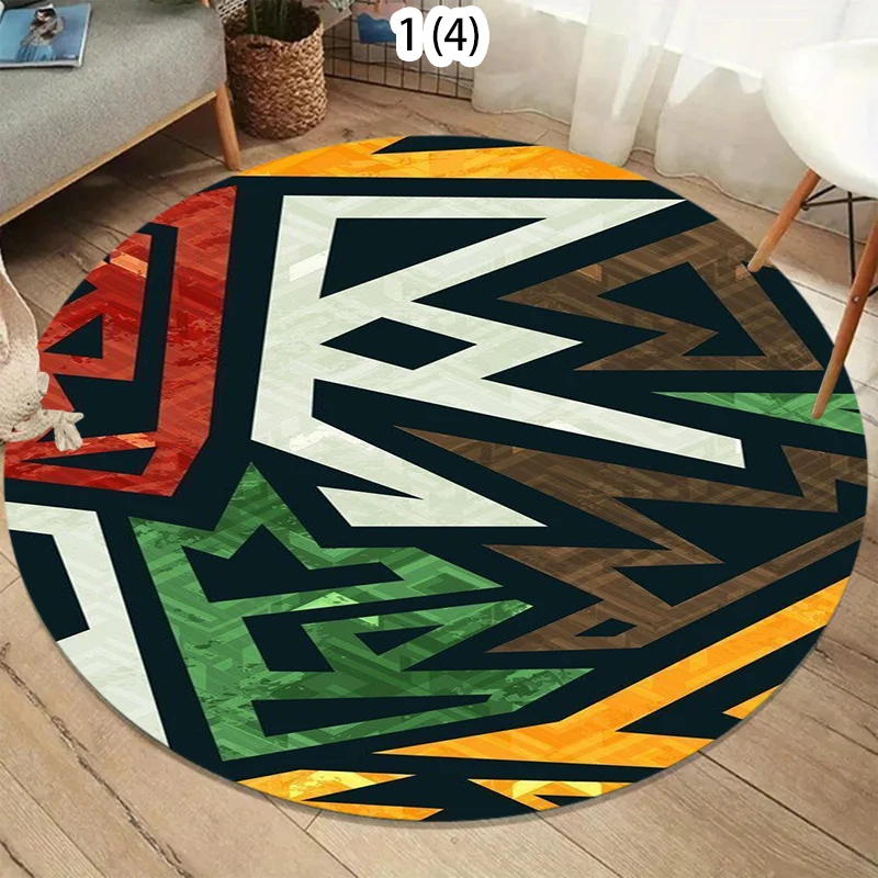 

Круглый ковер с яркими геометрическими этническими узорами в ярких многоцветных тонах для современной художественной гостиной, спальни и домашнего декора