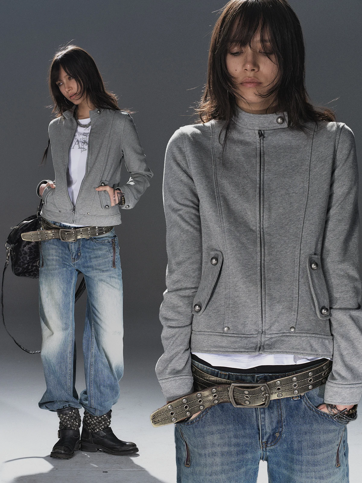 

Punk Sle Zipper ort Sweatirt Jaet ey Metal Button Decorated Slim Fit Stand Collar Wear And Tear Faion Women's Coat