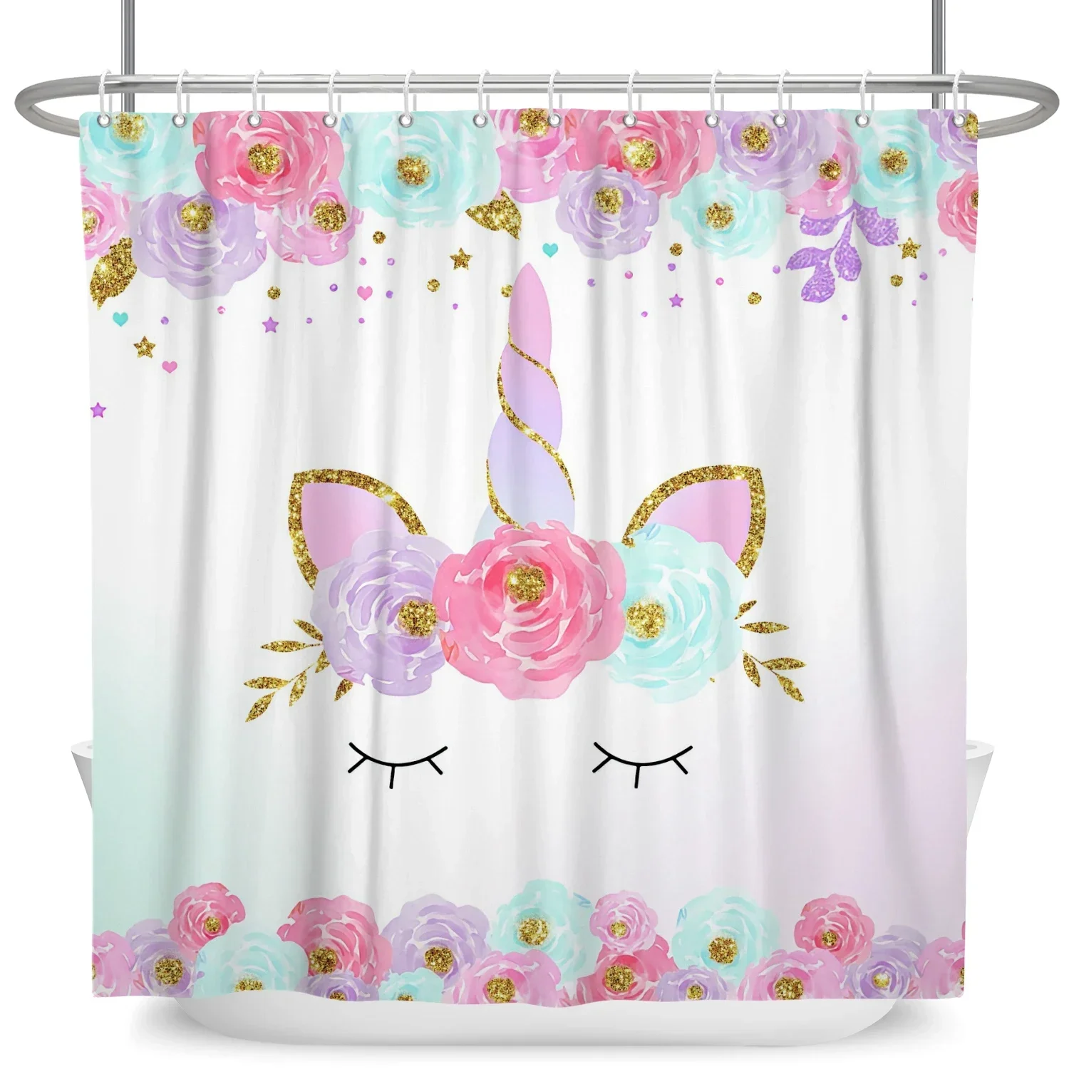 Cartoon Unicorn Shower Curtains Rainbow Flowers Bathroom Bathtub Screen Decoration Waterproof Bath Curtain Home Decor with Hooks