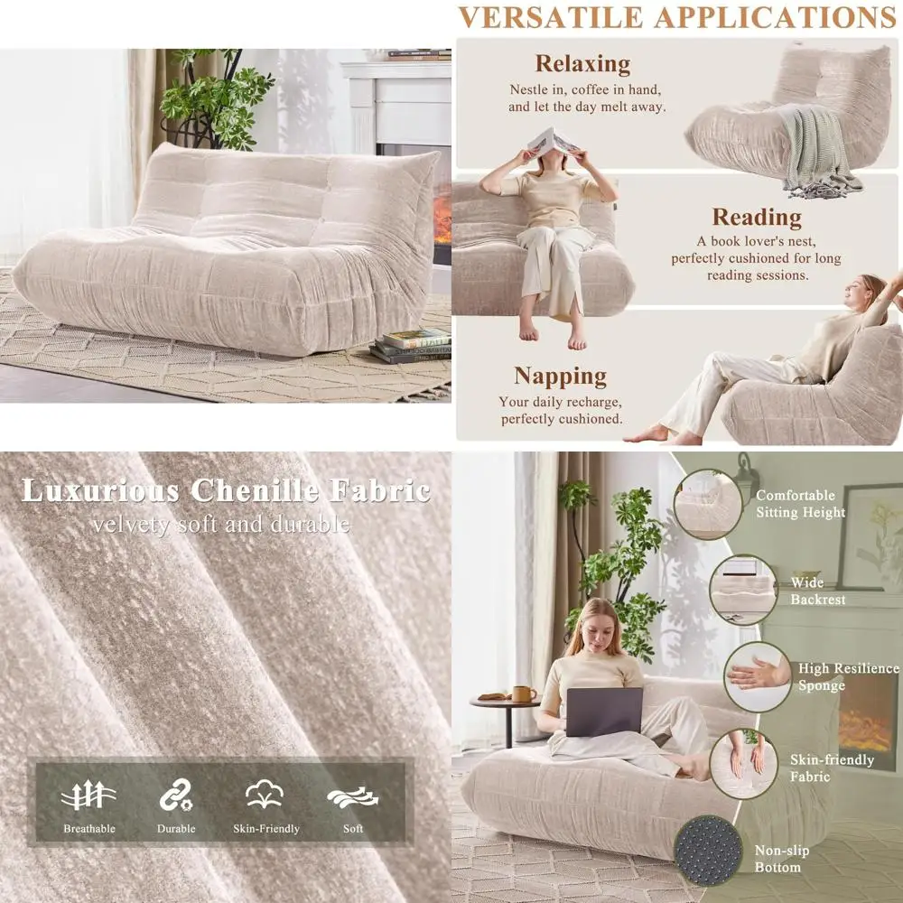 Adults' Large Memory Foam Loveseat Bean Bag Sofa for Cozy Gaming and Fireside Relaxation