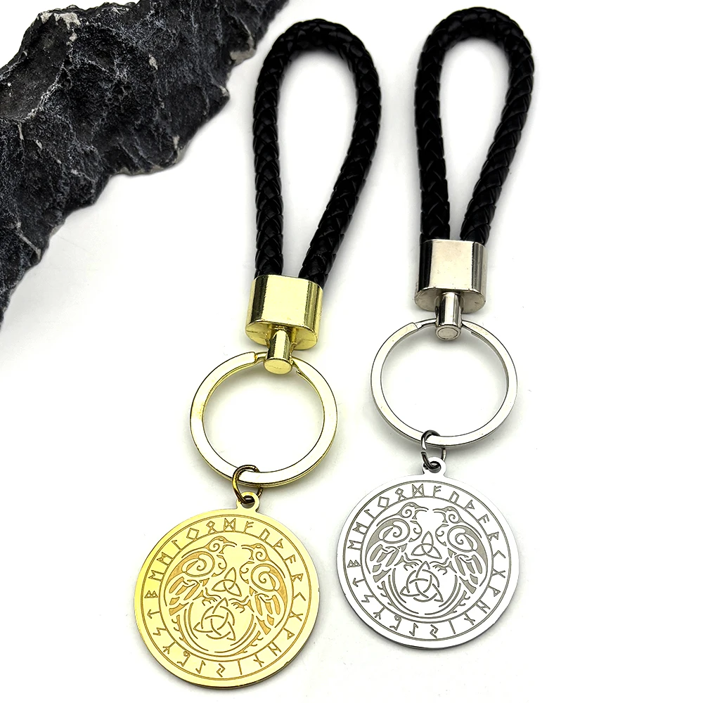 

Nordic Germanic Runic Crow Key Chain For Women Men Stainless Steel Silver Color Celtic Clover Knot Keyring Jewelry Gifts