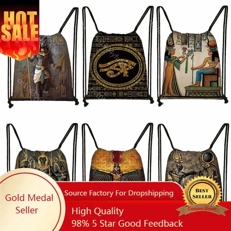 Egyptian Art Print Backpack Egypt Pharaoh Anubis Drawstring Bags for Travel Women Casual Shoulder Bags Bookbag Shoes Holder