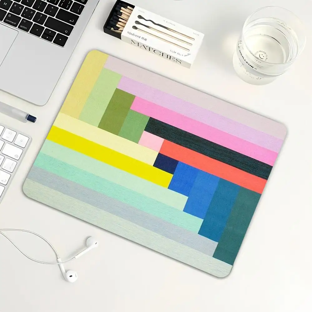 Colorful Geometric Stripes Mouse Pad, Abstract Rainbow Multicolor Block Pattern Non‑Slip Rubber Desk Mat for Laptop PC Office