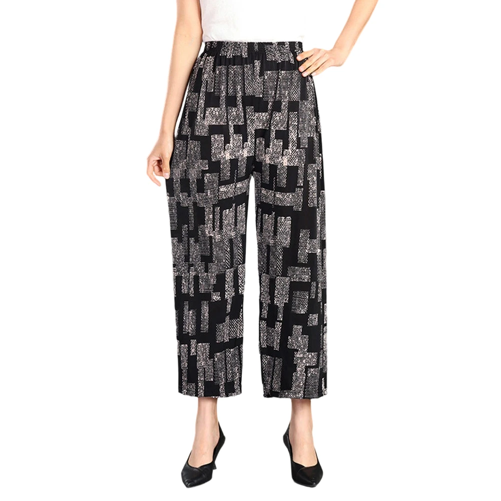 Women's Elastic Waist Printed Harem Pants Ice Silk Fabric Loose Cropped Straight Trousers 95% Polyester 5% Spandex Blend