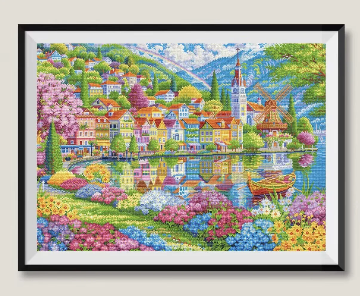 

9CT 120X90CM Rainbow Town Needlework,DIY Living Room Printed Cross Stitch,Set For Embroidery Kit Full Cotton Threads 75 Colors