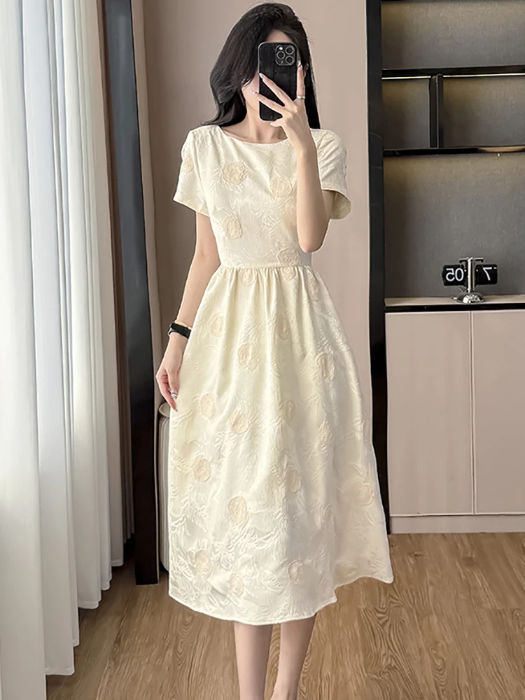 Zomer Witte Jacquard Bloemen Korte Mouw O-hals Lange Jurk Vrouwen Elegant Casual Thuis Jurk 2025, Koreaanse Bodycon Festival Jurken