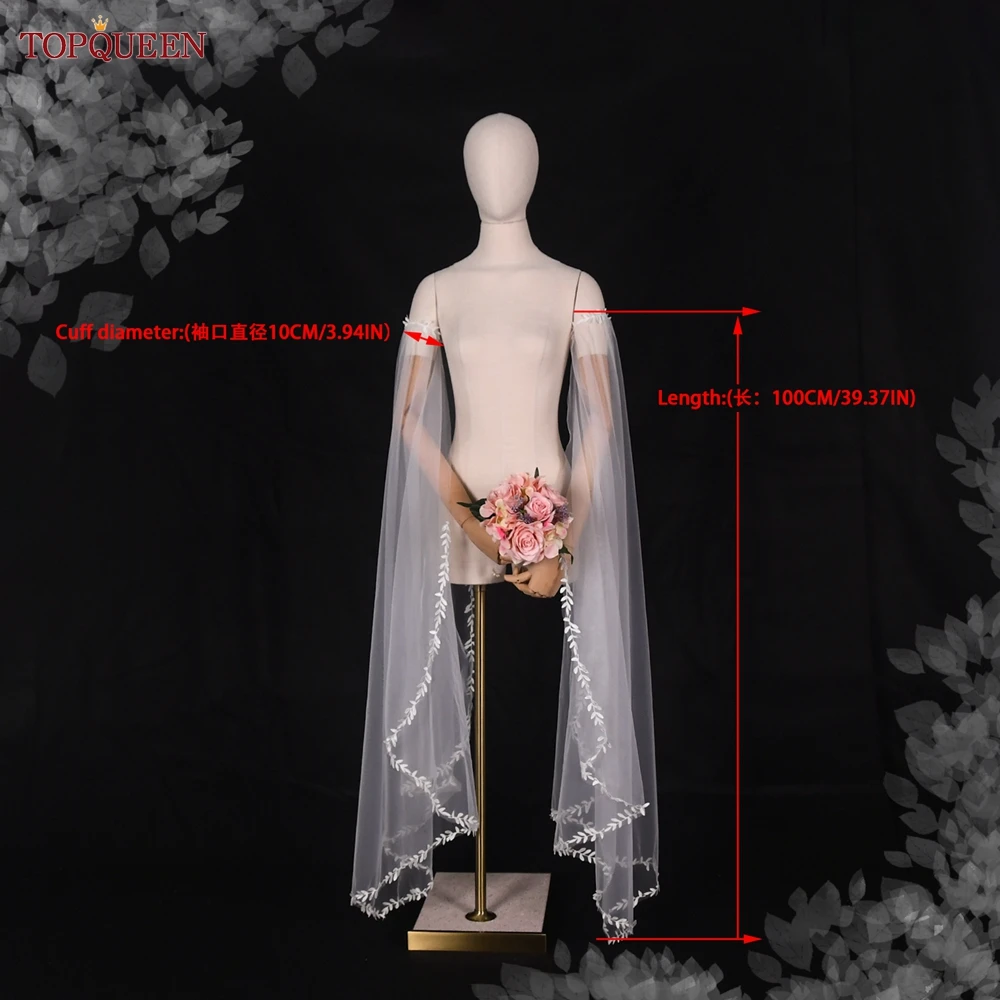 TOPQUEEN VM31 Extra Long Detachable Sleeves Soft Sheer Leaf Side Open Gloves Women Evening Dress DIY Wedding Arm Accessories