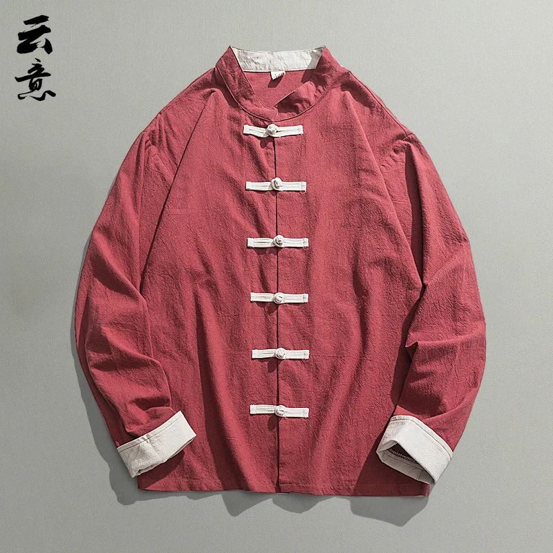 

Свободная куртка-ханьфу из хлопка и льна для молодых мужчин, в ретро-китайском стиле, повседневная, весенне-осенняя, с пуговицами, однотонная