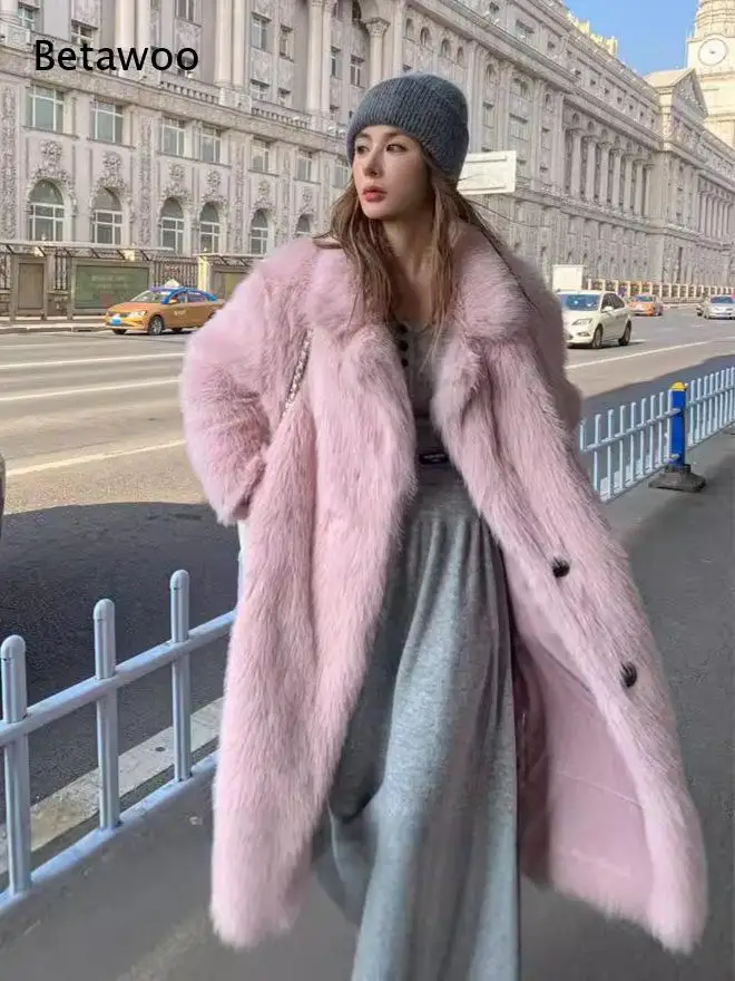Wide Lapel Double Breasted Faux Fox Fur Coat Long Sleeve Fluffy Warm Winter Outerwear for Women City Street Outfit