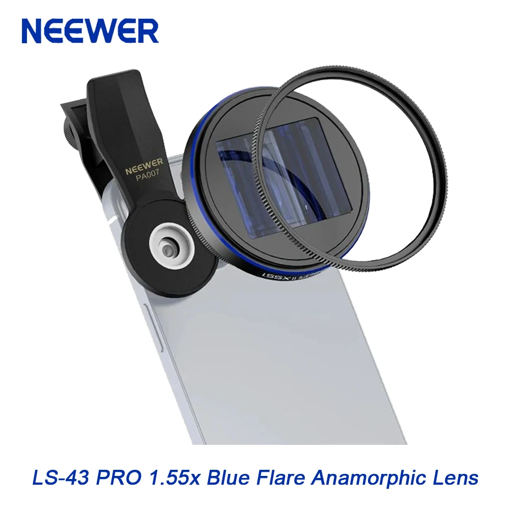 

NEEWER LS-43 PRO 1.55x Blue Flare Anamorphic Lens with 72mm Lens Filter Adapter Ring and 17mm Lens Clamp External Phone Lens