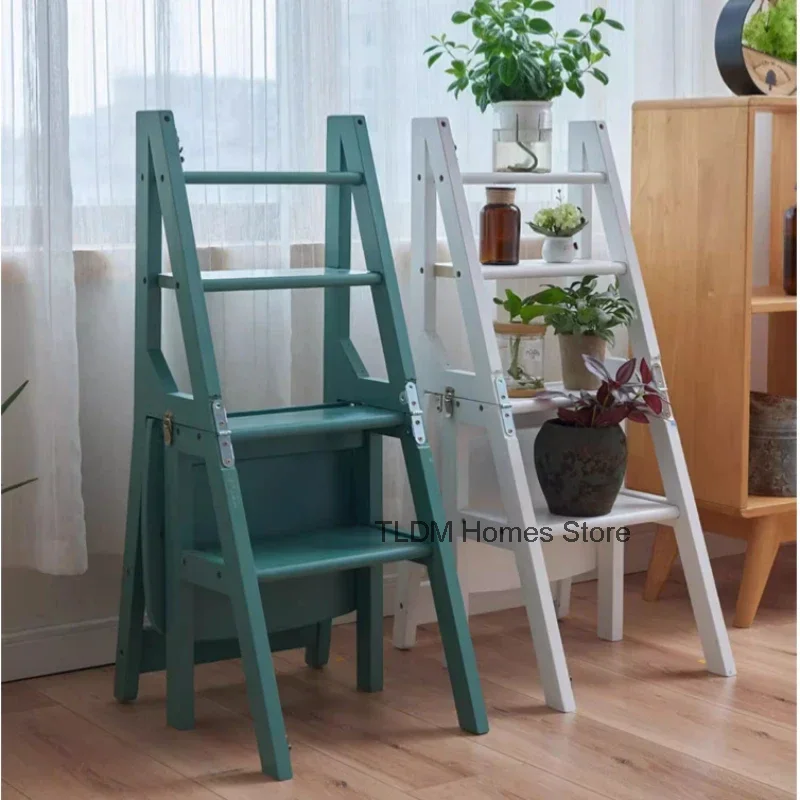 

Indoor Climbing High Stools Kitchen Solid Wood Bold Ladder Chair Multi-function Ladder Stool Flip Folding Step Ladder