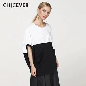 CHICEVER Autumn Clothing Fashion T Shirt For Women Round Neck Long Sleeve Patchwork Minimalist T Shirts Female Casual 2022 New