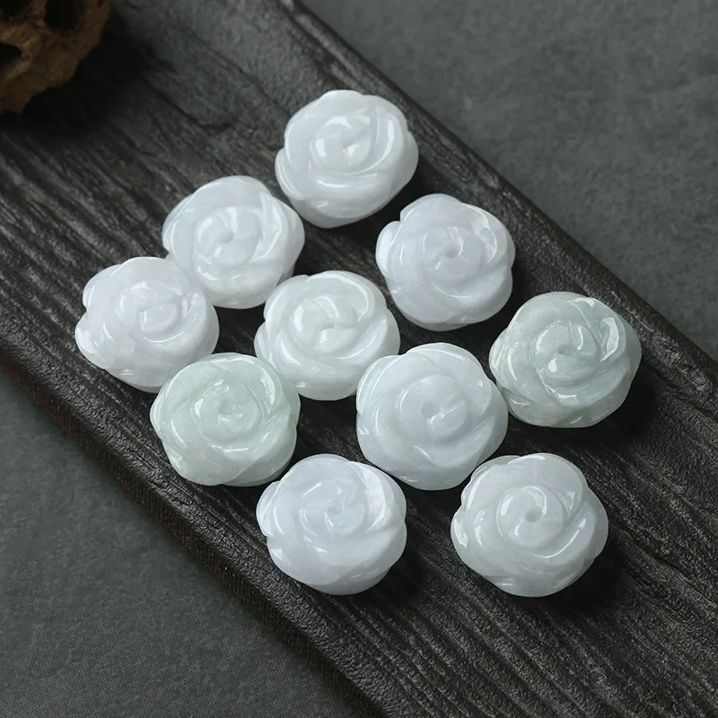 

5PC Natural Jade Emerald Rose Flower Bead Accessories DIY Bangle Earrings Charm Jewellery Fashion Hand-Carved Luck Amulet