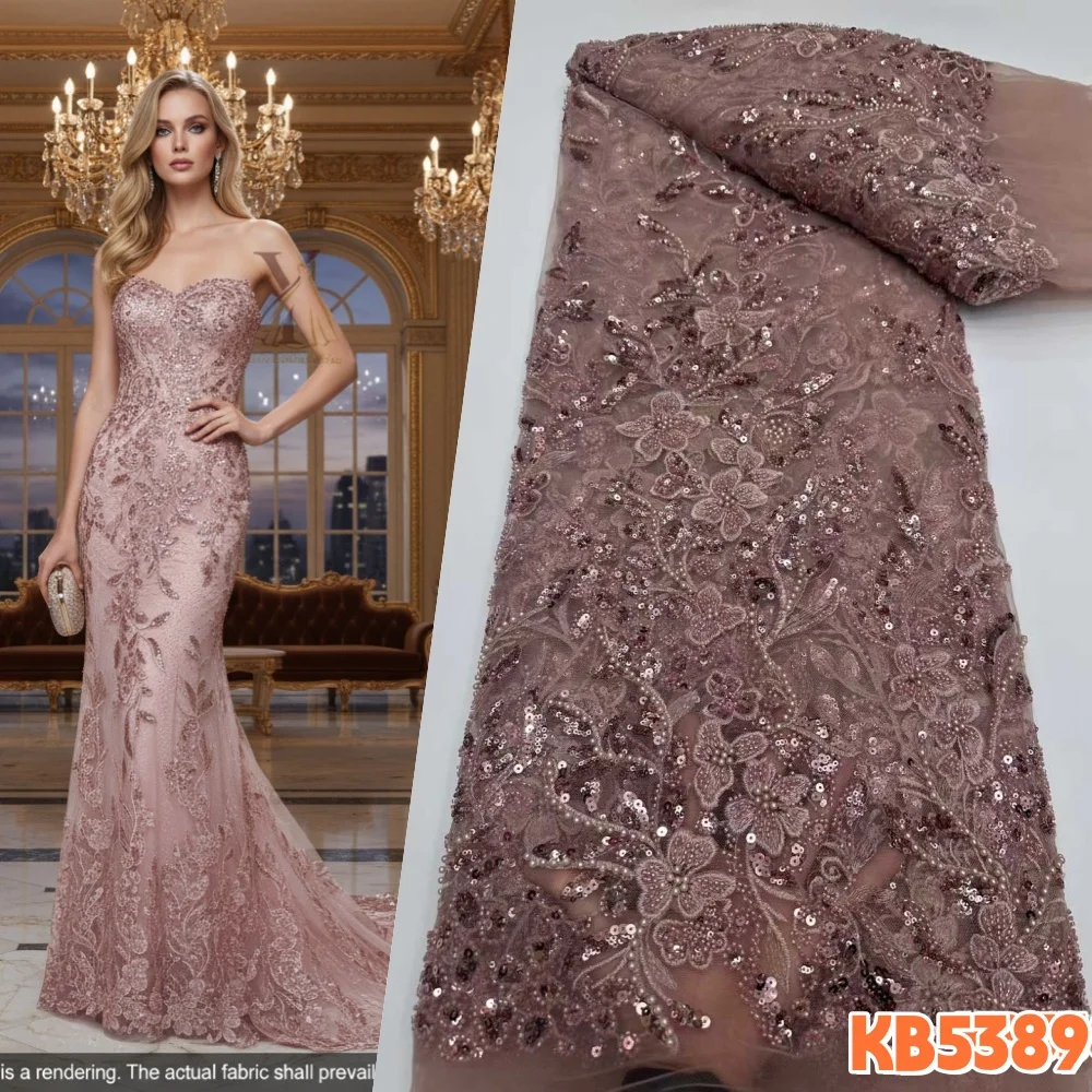 

2026 Navy Blue Beaded French Mesh Lace Fabrics African High Quality Gold Sequins Embroidered Lace Fabrics For Sewing KB5389