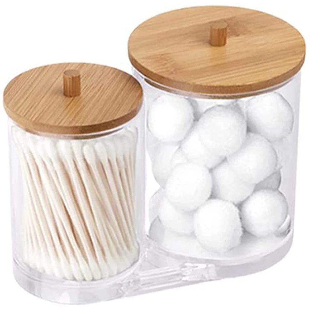 

Cotton Swab Pads Holder with Bamboo Lids Acrylic Qtip Holder Cotton Buds Ball Dispenser Cotton Round Pad