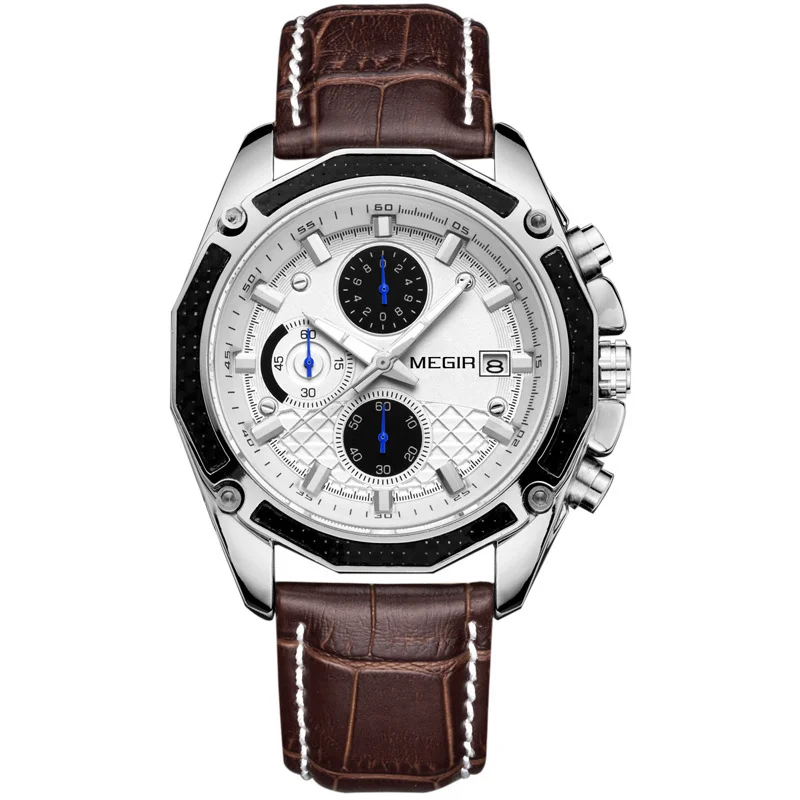 MEGIR 2015G quartz watches Genuine Leather watches racing men Students game Run Chronograph Watch glow hands