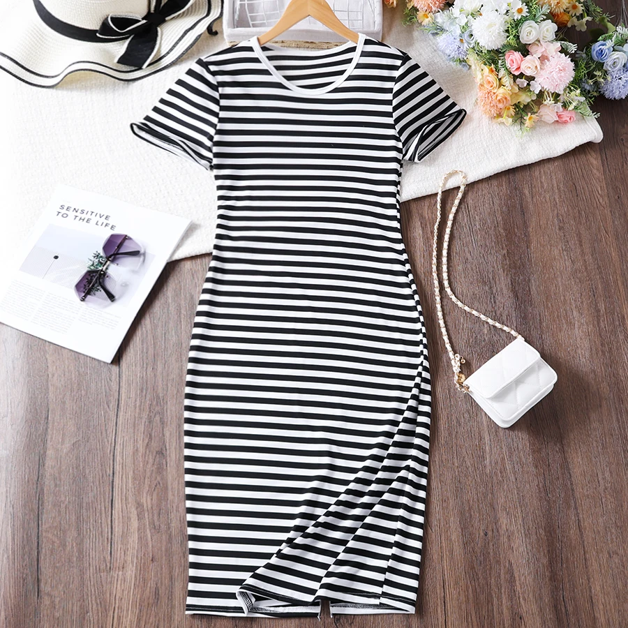 Girls Dresses Spring Summer Teens Crewneck Casual Black-and-White Striped Dresses Kids Outfit