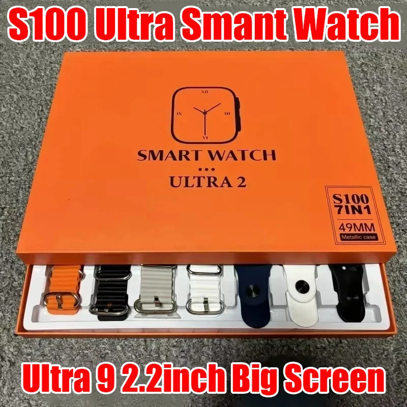 7 أشرطة ساعة جديدة S100 Ultra Smartwatch 2.2HD Amoled شاشة دائرية ECG مراقبة Reloj inteligente مع حافظة واقية