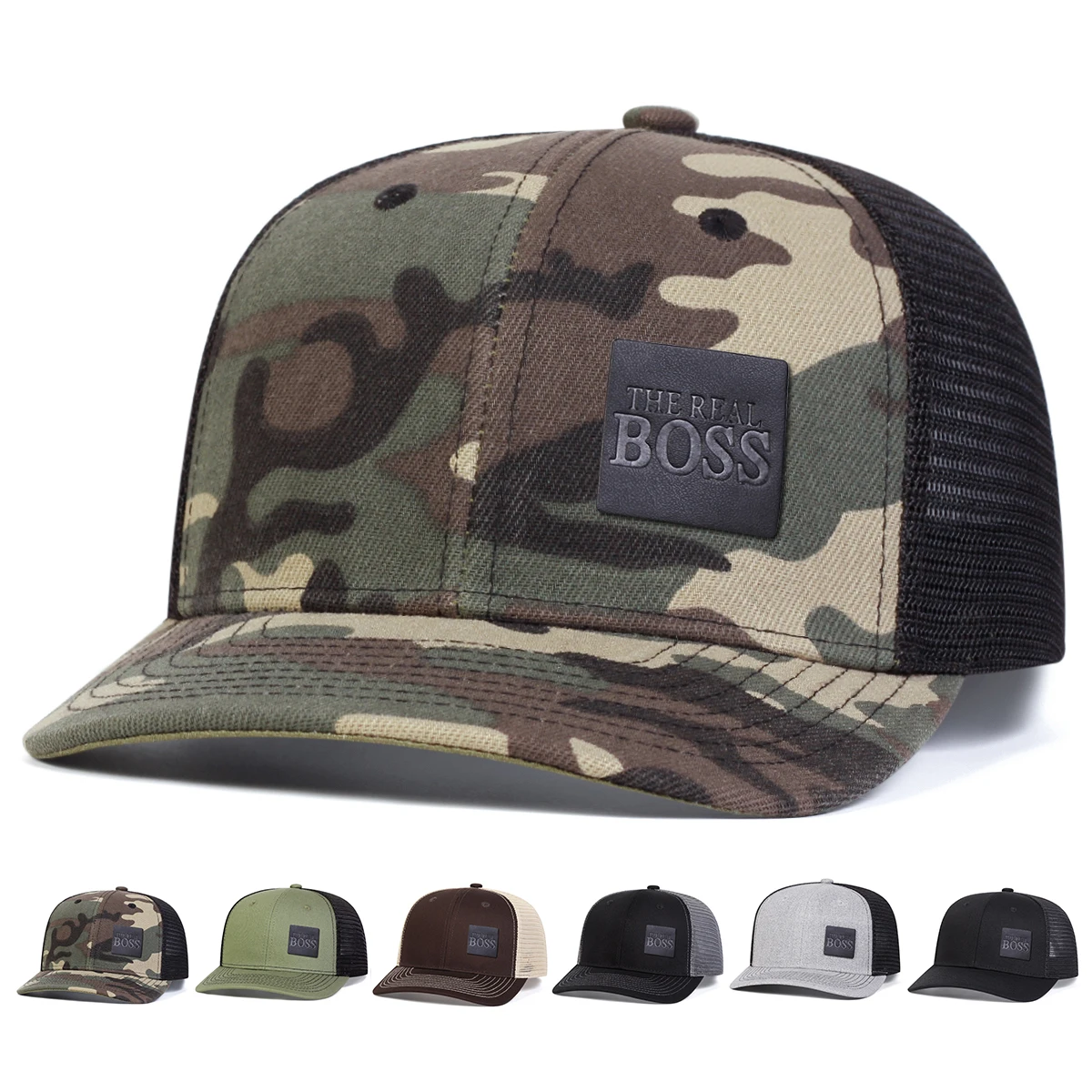 Unisex THE REAL BOSS Letter Leather Label Baseball Net Caps Adjustable Casual Hats Spring and Summer Outdoor Sunscreen Hat