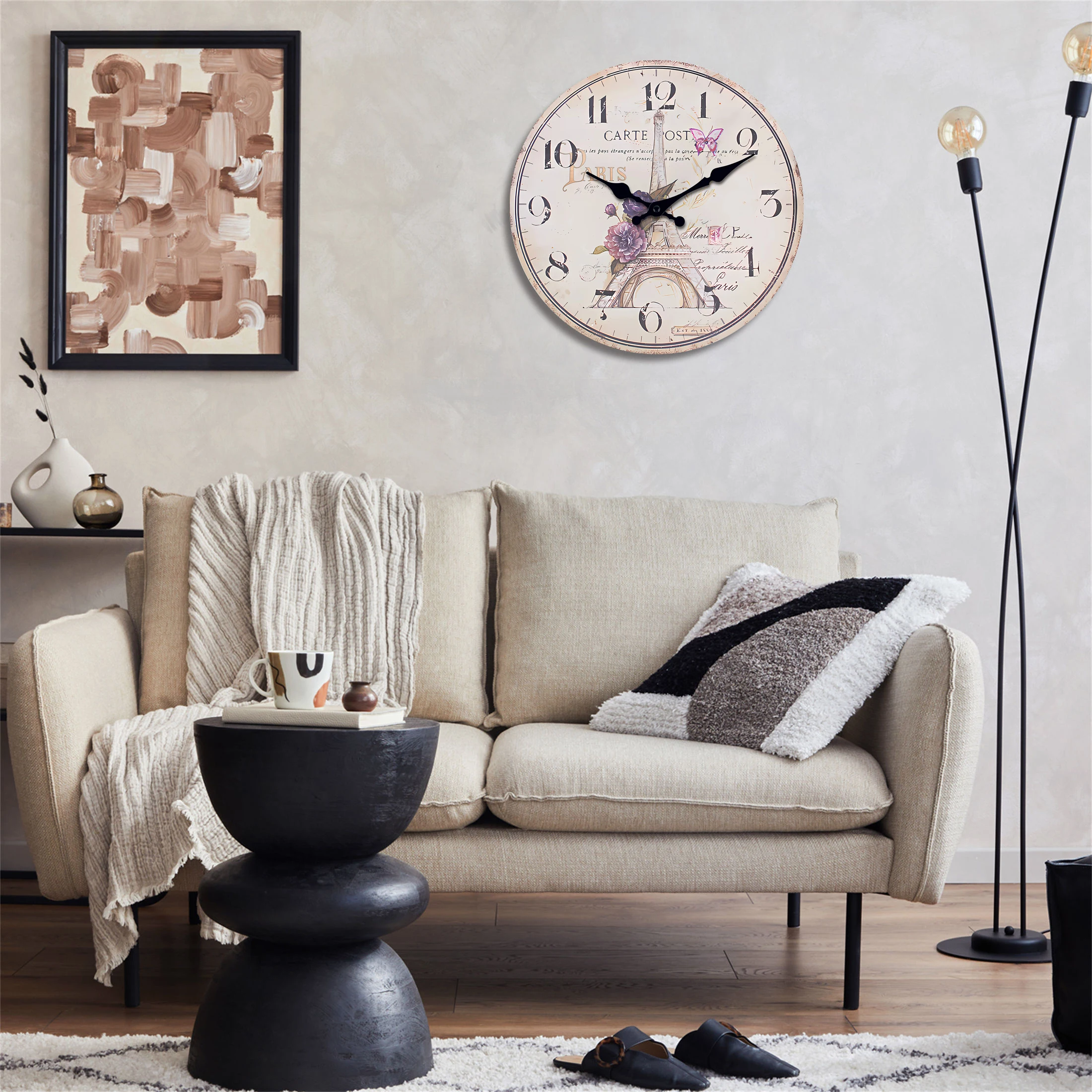 French-Style Paris Eiffel Tower Pattern Wooden Wall Clock for Living Room, Bedroom, Kitchen, Home Decoration, Silent Quartz Clock, Holiday Gift, 10