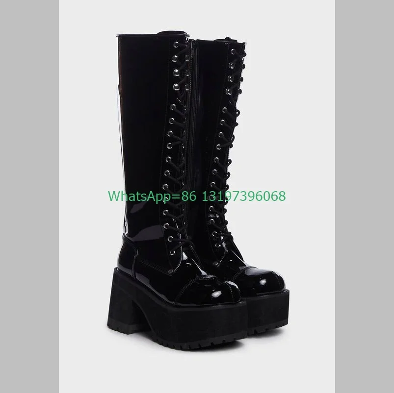 

Lady Black Metallic Pu Punk Chunky Heel Knee Boots Side Zip Black Patent Black Pu Boots Footwear Size Runway New Arrive Boots 46