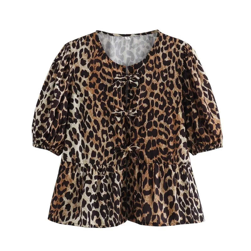 Women Leopard Print Shirt with Lace-Up O-Neck Half Sleeves 2024 Summer Bowknot Cut Out Cropped Blouse T-Shirt Vintage Top