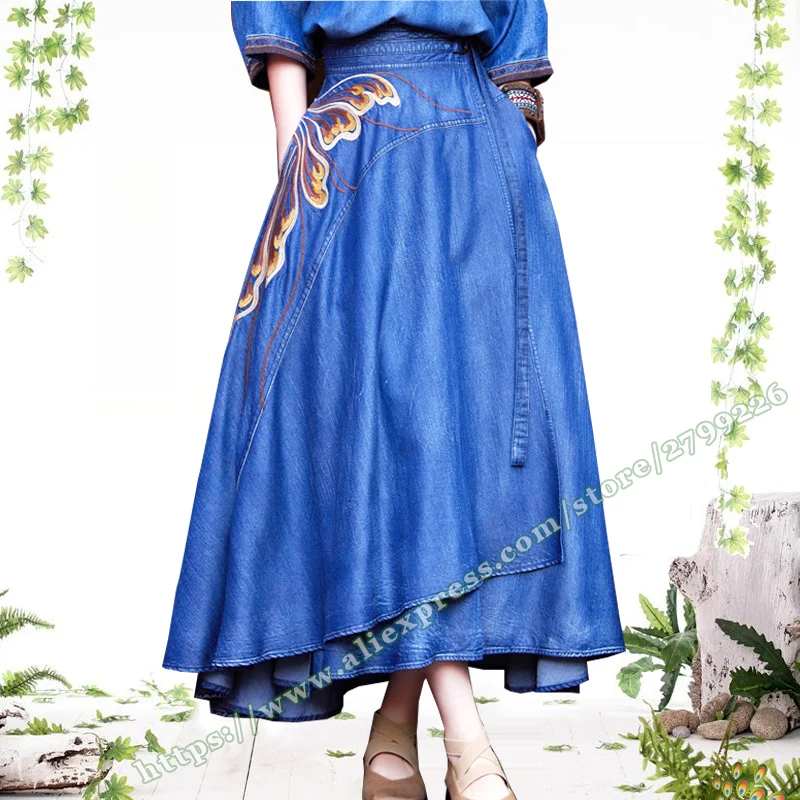 

2024 Summer Chinese Embroidered Pattern Tencel Cowboy Jeans Elegant Women Skirt Retro Asymmetrical Pleated Denim Female Skirt