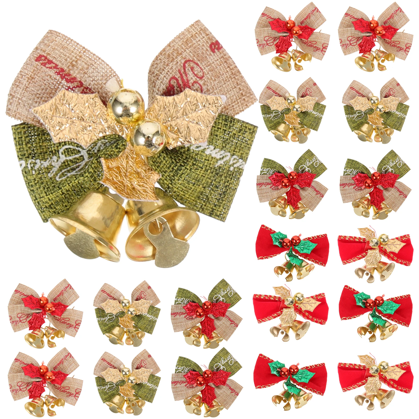 

25Pcs Christmas Home Decorations Linen Bowknot Bell Pendants Crafts Xmas Hanging Decorations