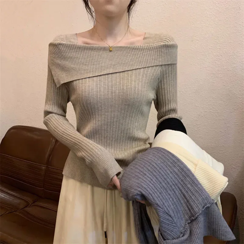 

Zoki Slash Neck Knitted Sweaters Autumn Fashion Long Sleeve Sexy Slim Simple Base Pullover Korean Chic Solid All Match Jumpers