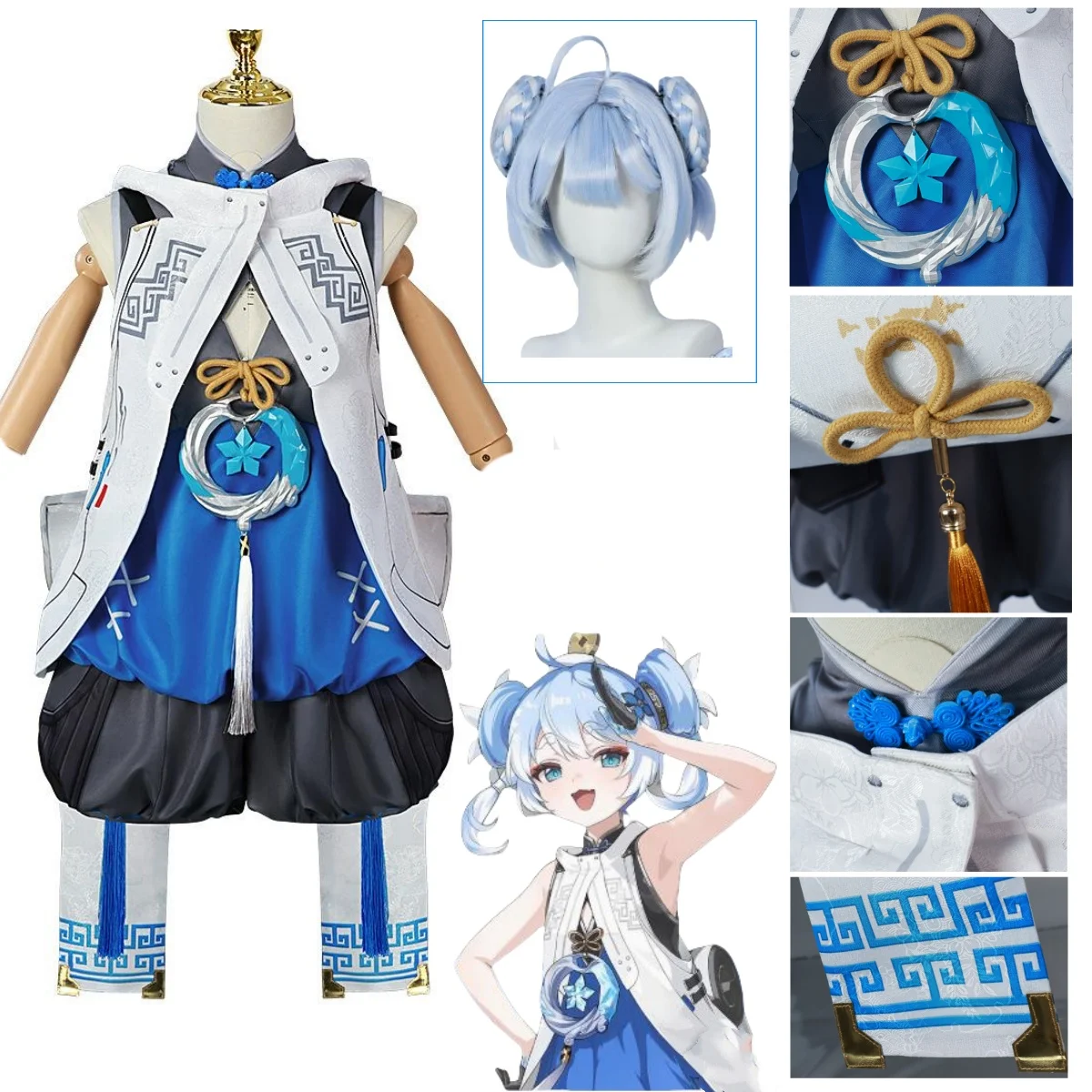 Game Wuthering Waves YouHu Cosplay Costume Wig Short Blue Mixed White Hair Woman Girls Role Palying Party Halloween Carnival Cos