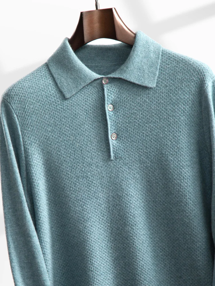 High Quality Men Fall Winter 100% Cashmere Sweater POLO Neck Honeycomb Pullovers Smart Casual Cashmere Knitwear Warm Shirt Tops